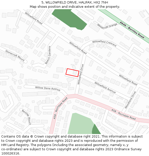 5, WILLOWFIELD DRIVE, HALIFAX, HX2 7NH: Location map and indicative extent of plot