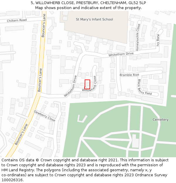 5, WILLOWHERB CLOSE, PRESTBURY, CHELTENHAM, GL52 5LP: Location map and indicative extent of plot