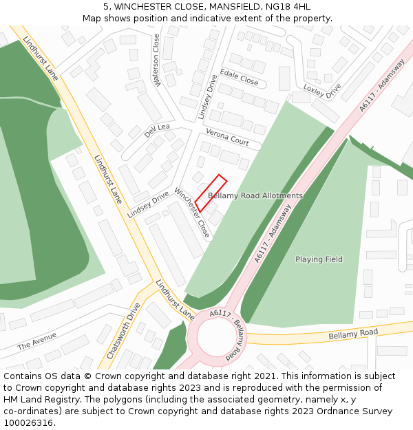 5, WINCHESTER CLOSE, MANSFIELD, NG18 4HL: Location map and indicative extent of plot