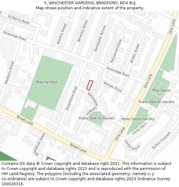 5, WINCHESTER GARDENS, BRADFORD, BD4 8UJ: Location map and indicative extent of plot
