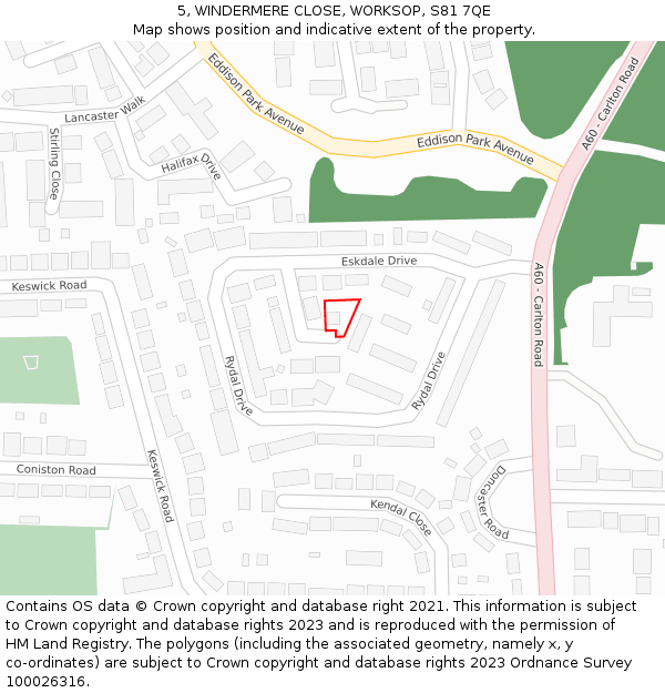 5, WINDERMERE CLOSE, WORKSOP, S81 7QE: Location map and indicative extent of plot