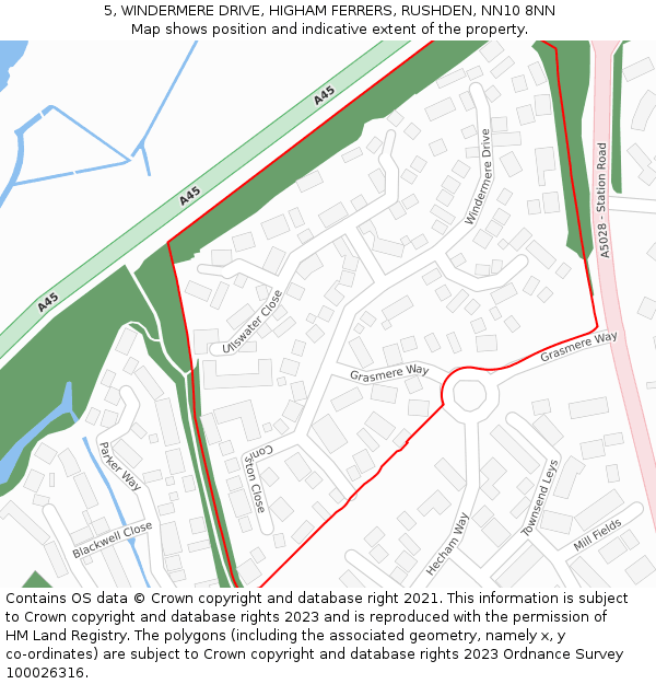5, WINDERMERE DRIVE, HIGHAM FERRERS, RUSHDEN, NN10 8NN: Location map and indicative extent of plot