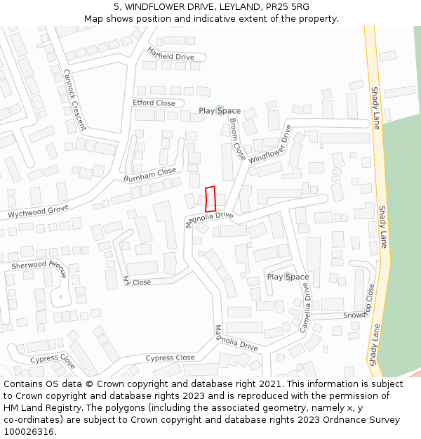5, WINDFLOWER DRIVE, LEYLAND, PR25 5RG: Location map and indicative extent of plot
