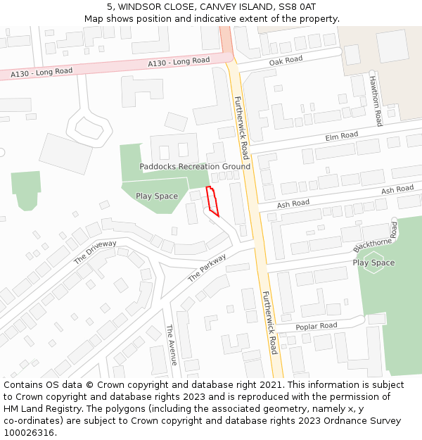 5, WINDSOR CLOSE, CANVEY ISLAND, SS8 0AT: Location map and indicative extent of plot