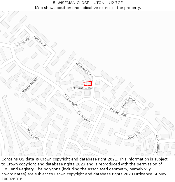 5, WISEMAN CLOSE, LUTON, LU2 7GE: Location map and indicative extent of plot
