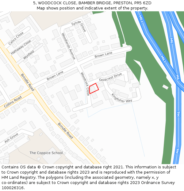 5, WOODCOCK CLOSE, BAMBER BRIDGE, PRESTON, PR5 6ZD: Location map and indicative extent of plot