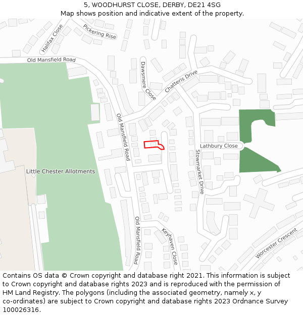 5, WOODHURST CLOSE, DERBY, DE21 4SG: Location map and indicative extent of plot