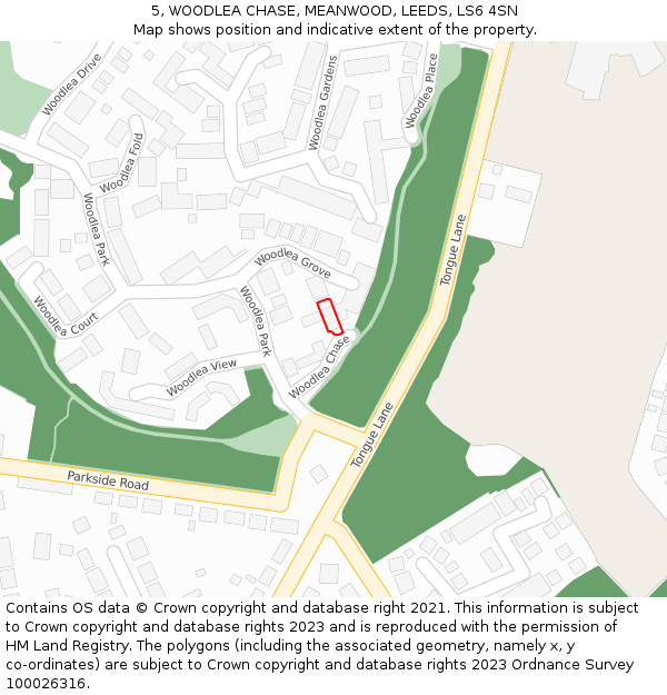 5, WOODLEA CHASE, MEANWOOD, LEEDS, LS6 4SN: Location map and indicative extent of plot