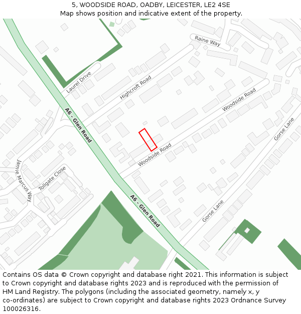 5, WOODSIDE ROAD, OADBY, LEICESTER, LE2 4SE: Location map and indicative extent of plot