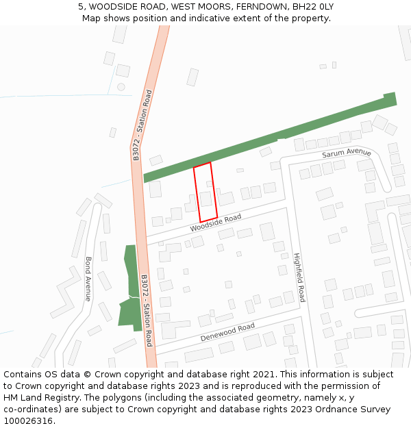 5, WOODSIDE ROAD, WEST MOORS, FERNDOWN, BH22 0LY: Location map and indicative extent of plot