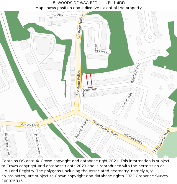 5, WOODSIDE WAY, REDHILL, RH1 4DB: Location map and indicative extent of plot