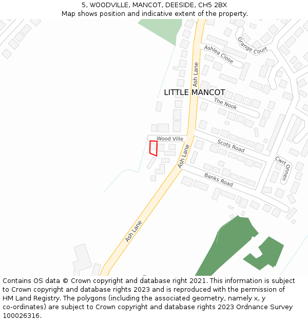 5, WOODVILLE, MANCOT, DEESIDE, CH5 2BX: Location map and indicative extent of plot
