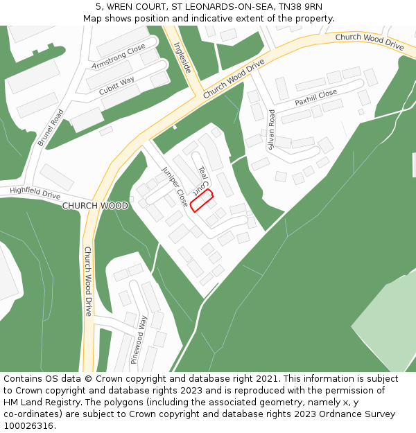 5, WREN COURT, ST LEONARDS-ON-SEA, TN38 9RN: Location map and indicative extent of plot