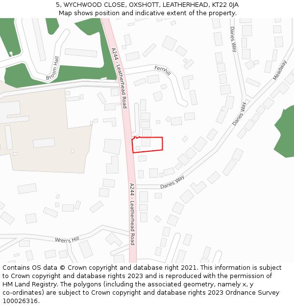 5, WYCHWOOD CLOSE, OXSHOTT, LEATHERHEAD, KT22 0JA: Location map and indicative extent of plot