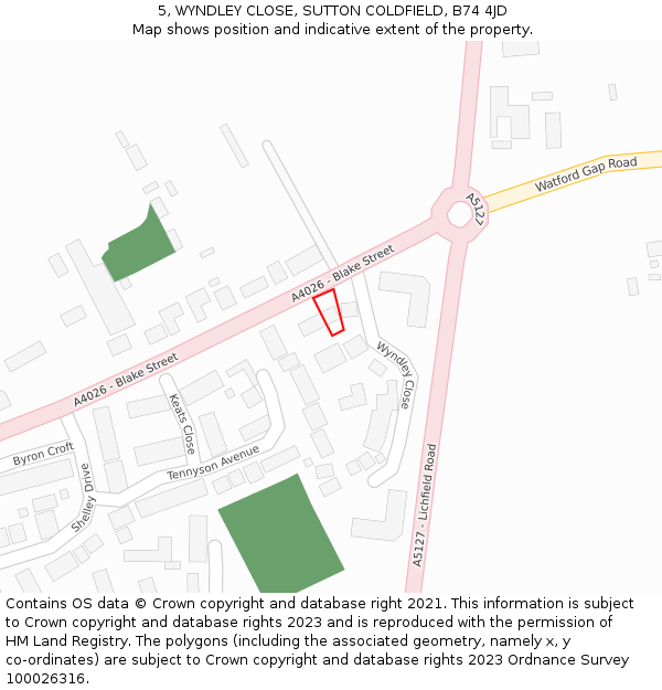 5, WYNDLEY CLOSE, SUTTON COLDFIELD, B74 4JD: Location map and indicative extent of plot