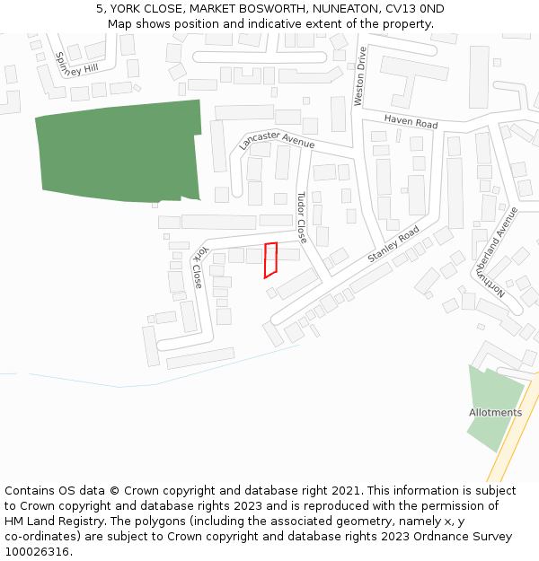 5, YORK CLOSE, MARKET BOSWORTH, NUNEATON, CV13 0ND: Location map and indicative extent of plot