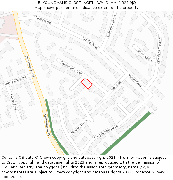 5, YOUNGMANS CLOSE, NORTH WALSHAM, NR28 9JQ: Location map and indicative extent of plot