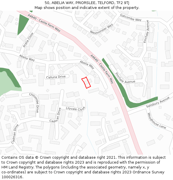 50, ABELIA WAY, PRIORSLEE, TELFORD, TF2 9TJ: Location map and indicative extent of plot