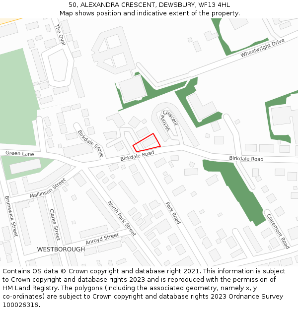 50, ALEXANDRA CRESCENT, DEWSBURY, WF13 4HL: Location map and indicative extent of plot