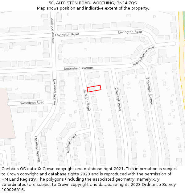 50, ALFRISTON ROAD, WORTHING, BN14 7QS: Location map and indicative extent of plot