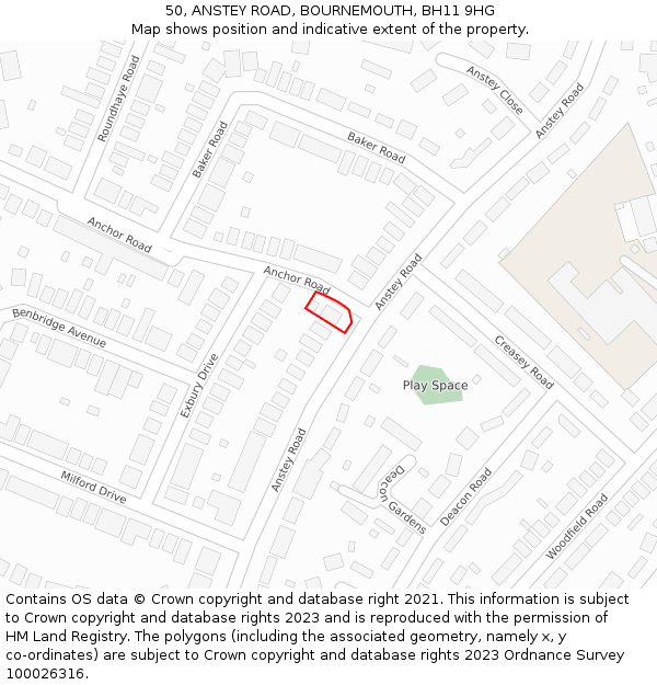 50, ANSTEY ROAD, BOURNEMOUTH, BH11 9HG: Location map and indicative extent of plot