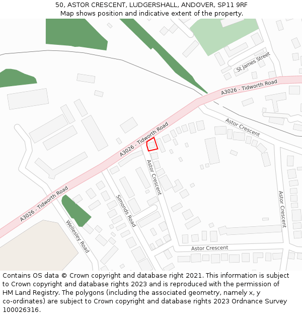 50, ASTOR CRESCENT, LUDGERSHALL, ANDOVER, SP11 9RF: Location map and indicative extent of plot