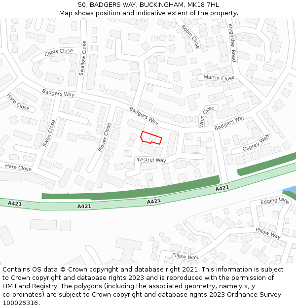 50, BADGERS WAY, BUCKINGHAM, MK18 7HL: Location map and indicative extent of plot