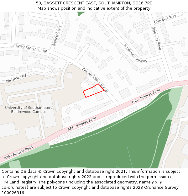 50, BASSETT CRESCENT EAST, SOUTHAMPTON, SO16 7PB: Location map and indicative extent of plot