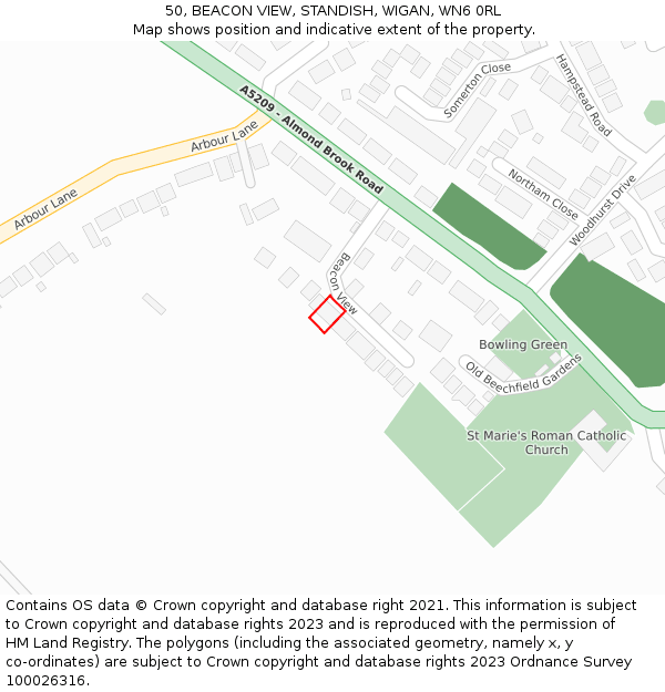 50, BEACON VIEW, STANDISH, WIGAN, WN6 0RL: Location map and indicative extent of plot