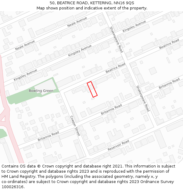 50, BEATRICE ROAD, KETTERING, NN16 9QS: Location map and indicative extent of plot