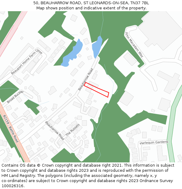 50, BEAUHARROW ROAD, ST LEONARDS-ON-SEA, TN37 7BL: Location map and indicative extent of plot