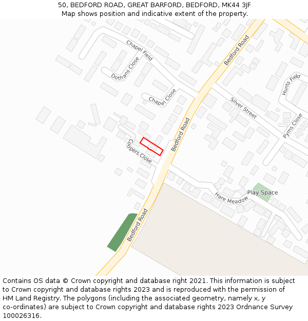 50, BEDFORD ROAD, GREAT BARFORD, BEDFORD, MK44 3JF: Location map and indicative extent of plot