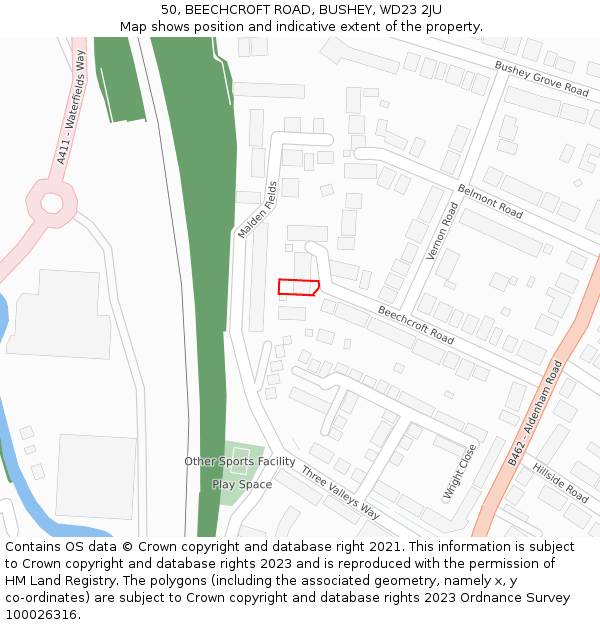 50, BEECHCROFT ROAD, BUSHEY, WD23 2JU: Location map and indicative extent of plot