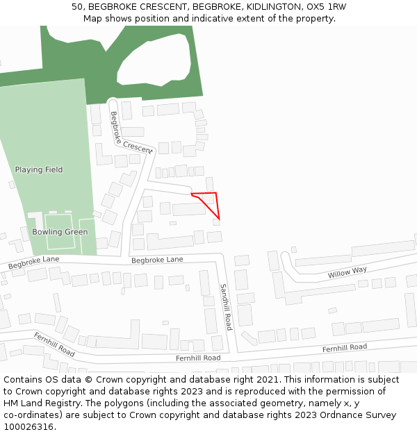 50, BEGBROKE CRESCENT, BEGBROKE, KIDLINGTON, OX5 1RW: Location map and indicative extent of plot
