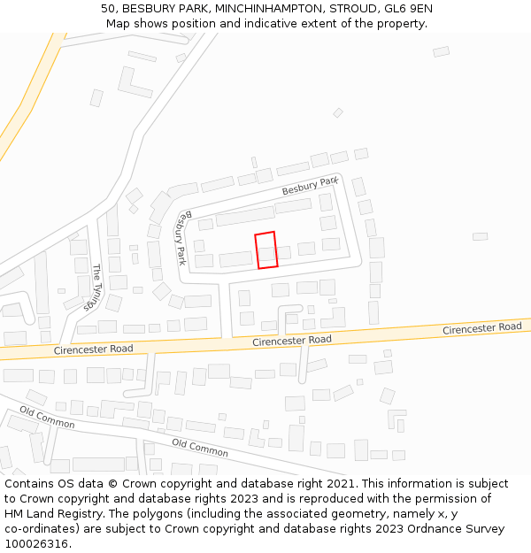 50, BESBURY PARK, MINCHINHAMPTON, STROUD, GL6 9EN: Location map and indicative extent of plot