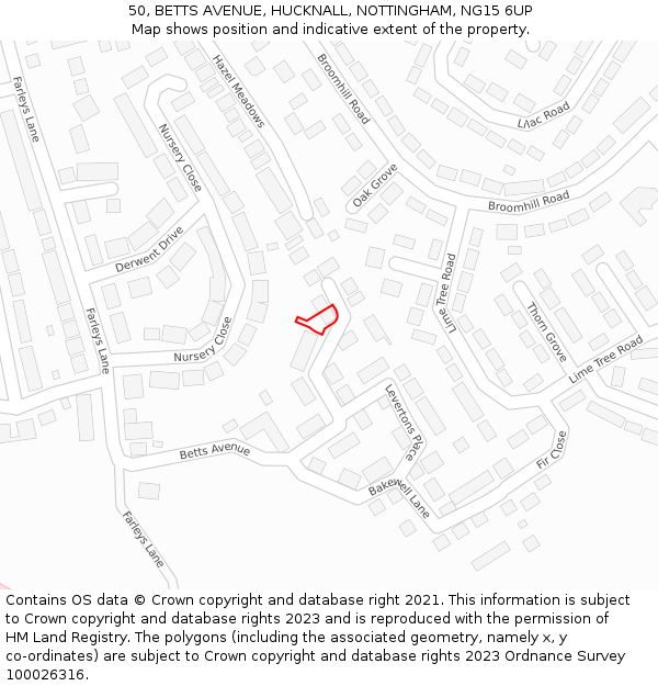 50, BETTS AVENUE, HUCKNALL, NOTTINGHAM, NG15 6UP: Location map and indicative extent of plot