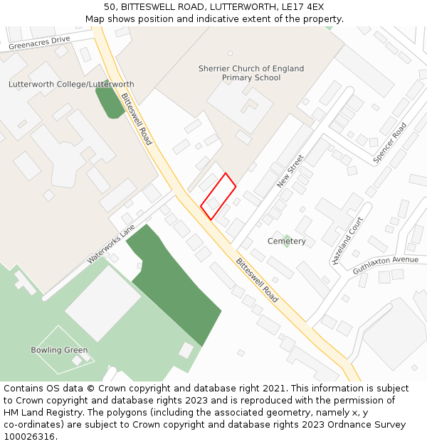 50, BITTESWELL ROAD, LUTTERWORTH, LE17 4EX: Location map and indicative extent of plot