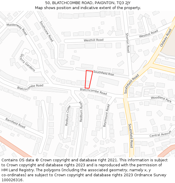50, BLATCHCOMBE ROAD, PAIGNTON, TQ3 2JY: Location map and indicative extent of plot