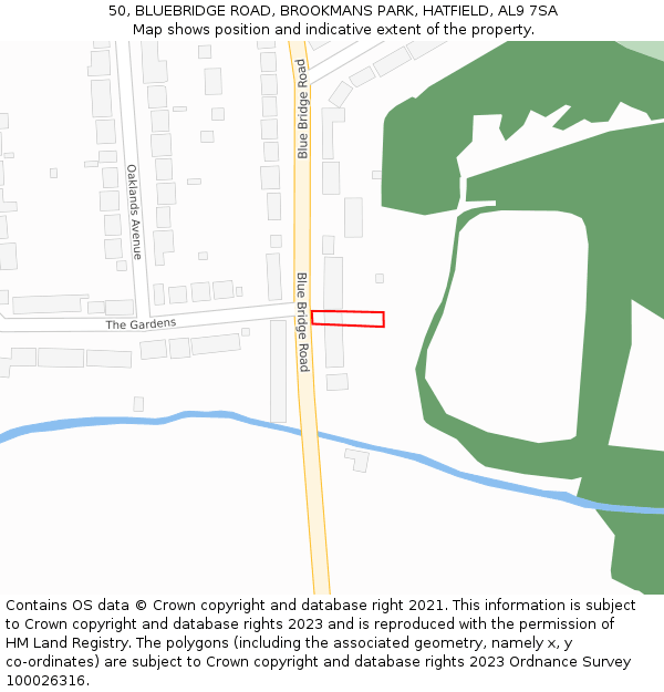 50, BLUEBRIDGE ROAD, BROOKMANS PARK, HATFIELD, AL9 7SA: Location map and indicative extent of plot