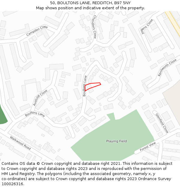 50, BOULTONS LANE, REDDITCH, B97 5NY: Location map and indicative extent of plot