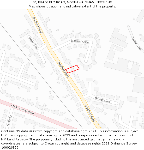 50, BRADFIELD ROAD, NORTH WALSHAM, NR28 0HG: Location map and indicative extent of plot