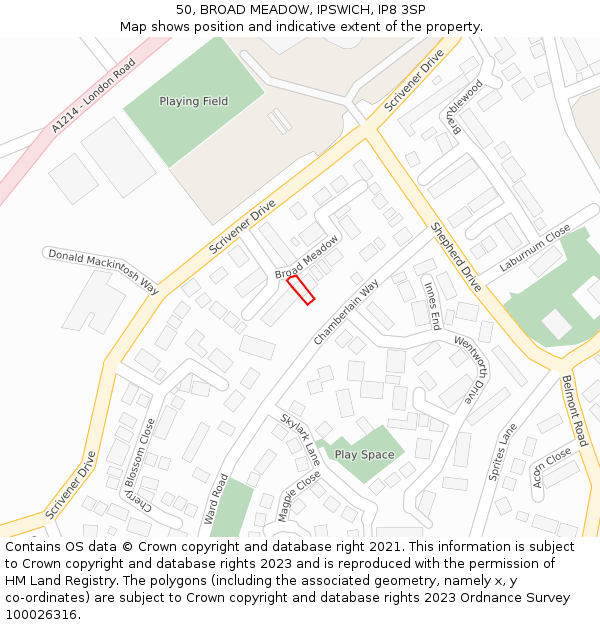 50, BROAD MEADOW, IPSWICH, IP8 3SP: Location map and indicative extent of plot