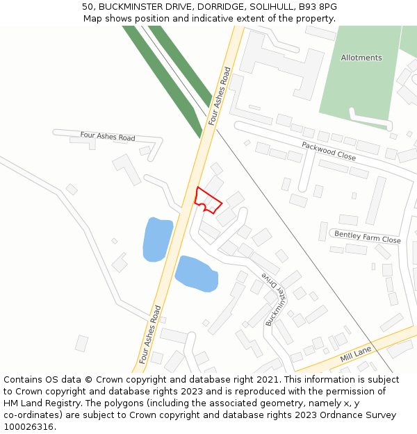 50, BUCKMINSTER DRIVE, DORRIDGE, SOLIHULL, B93 8PG: Location map and indicative extent of plot