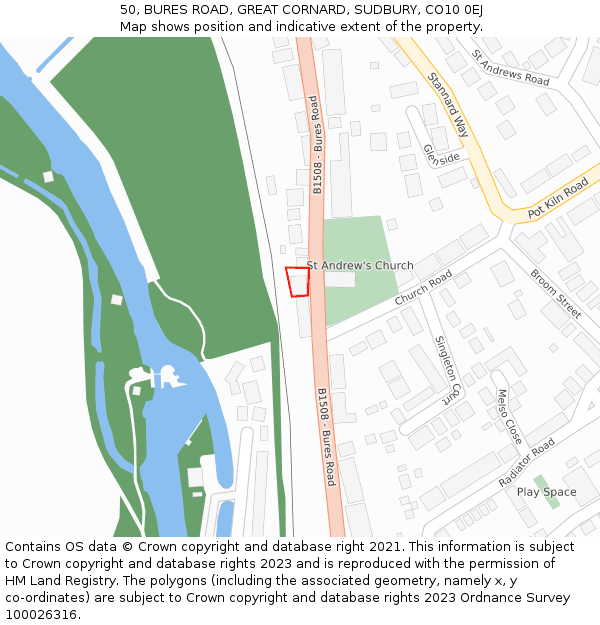 50, BURES ROAD, GREAT CORNARD, SUDBURY, CO10 0EJ: Location map and indicative extent of plot