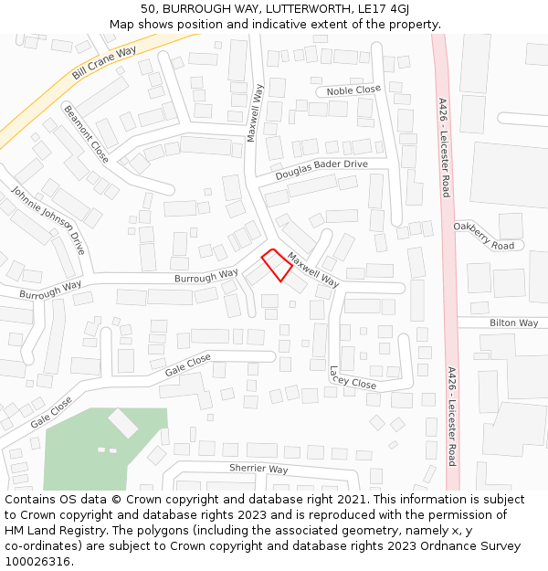 50, BURROUGH WAY, LUTTERWORTH, LE17 4GJ: Location map and indicative extent of plot