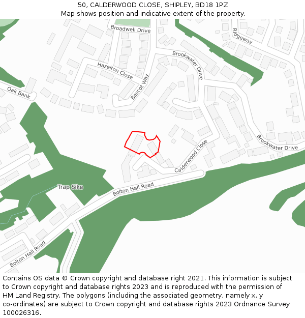 50, CALDERWOOD CLOSE, SHIPLEY, BD18 1PZ: Location map and indicative extent of plot