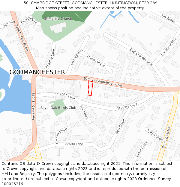 50, CAMBRIDGE STREET, GODMANCHESTER, HUNTINGDON, PE29 2AY: Location map and indicative extent of plot