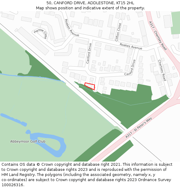 50, CANFORD DRIVE, ADDLESTONE, KT15 2HL: Location map and indicative extent of plot