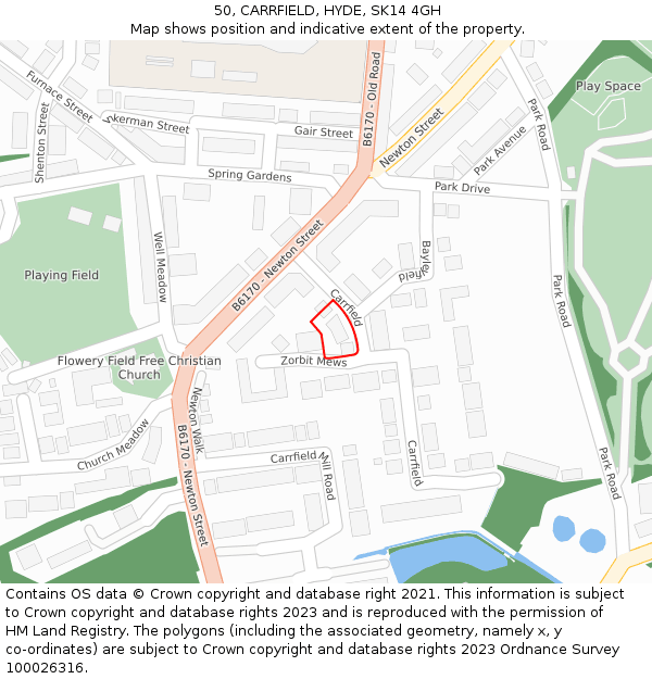 50, CARRFIELD, HYDE, SK14 4GH: Location map and indicative extent of plot