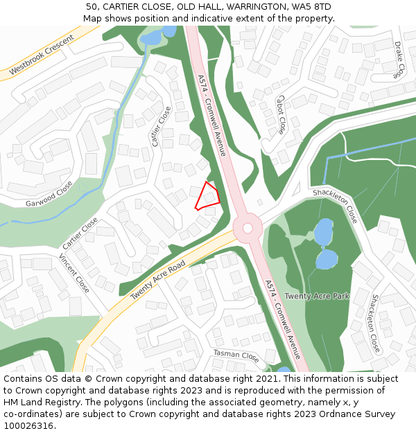 50, CARTIER CLOSE, OLD HALL, WARRINGTON, WA5 8TD: Location map and indicative extent of plot